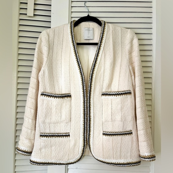 Sandro Adeline Tweed Jacket Cardigan Metallic Trim Preppy | Ecru | FR 36 US 4-6 - Picture 4 of 16